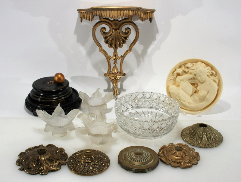 Group of Lamp Parts, Bracket, Shades, Plaque