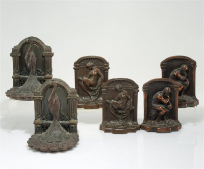 Image for Lot Three Vintage Bookends - Bronze Figurals; Peacocks