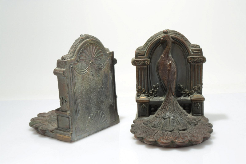 Three Vintage Bookends - Bronze Figurals; Peacocks