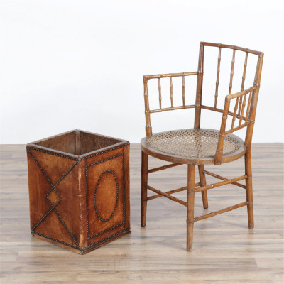 Image for Lot Regency Faux Bamboo Carved Arm Chair- Waste Bin
