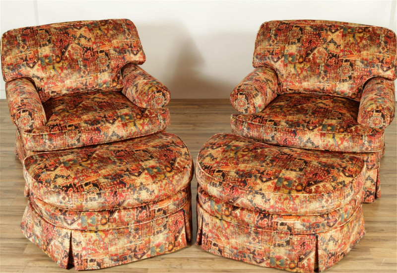 Pr. Henredon Upholstered Lounge Chairs & Ottoman