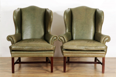 Image for Lot Pair of Ralph Lauren Green Leather Wing Chairs