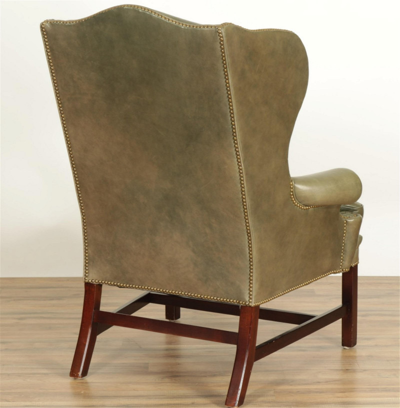 Pair of Ralph Lauren Green Leather Wing Chairs