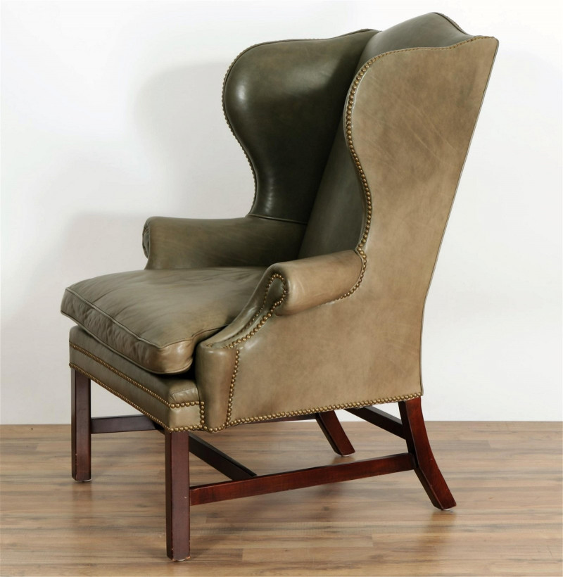 Pair of Ralph Lauren Green Leather Wing Chairs
