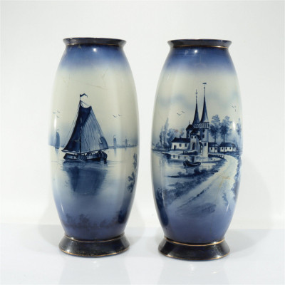 Image for Lot Pair of Large Royal Bonn Delft Blue & White Vases