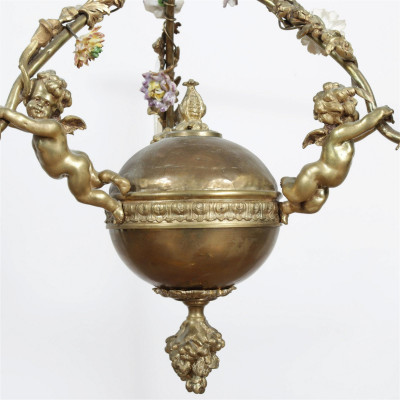 French Metal & Porcelain Putti Chandelier
