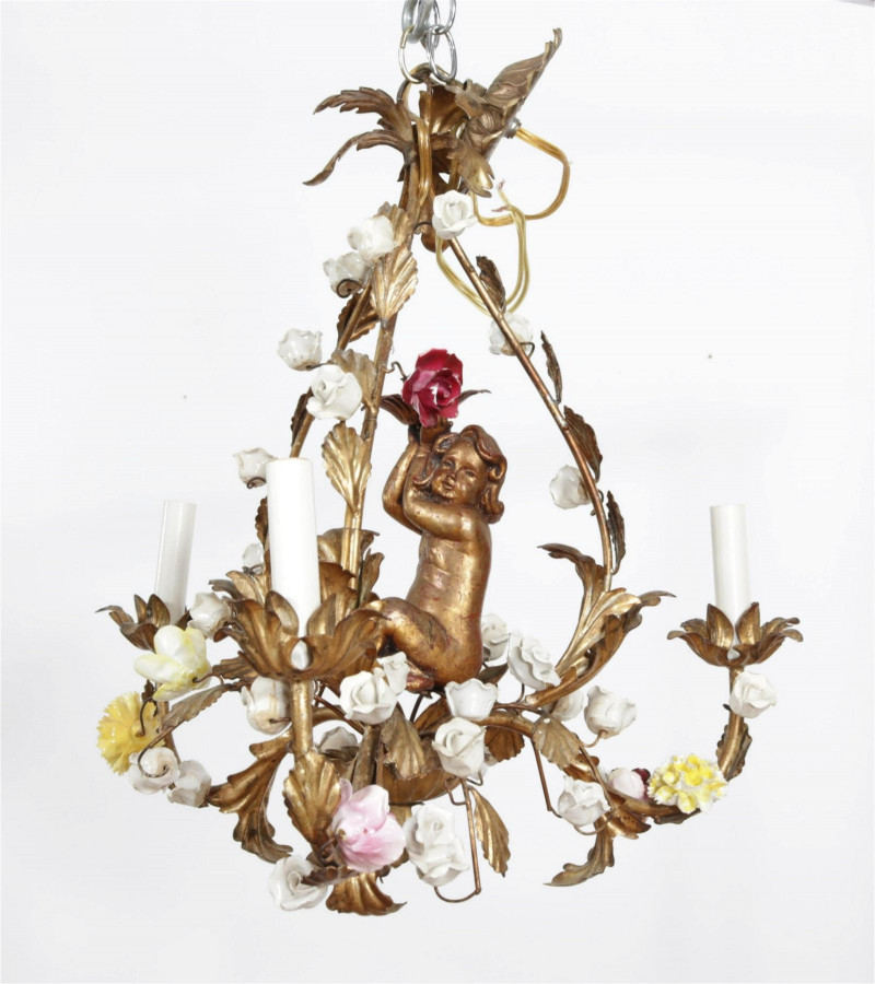 French Metal & Porcelain Putti Chandelier