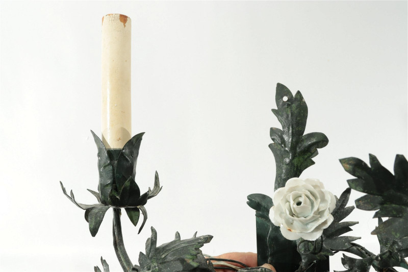 Pr. Green Tole Ware Sconces with Porcelain Flowers