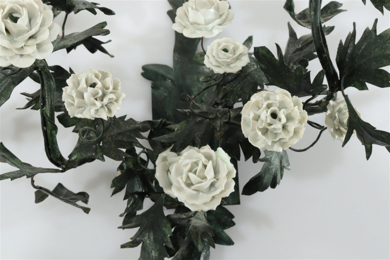 Pr. Green Tole Ware Sconces with Porcelain Flowers