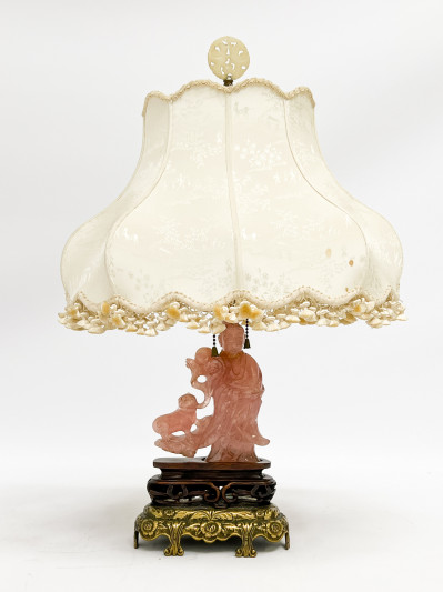 Image for Lot Chinese Rose Quartz Carved Figure of a Daoist Immortal, mounted as a lamp