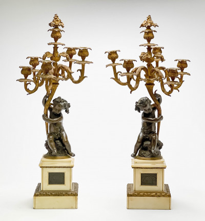 Image for Lot Pair of French Bronze and Marble Candelabra