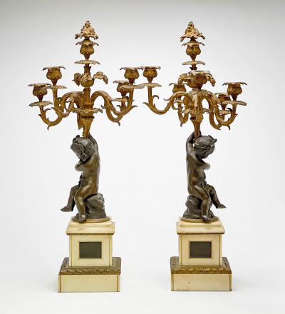 Pair of French Bronze and Marble Candelabra