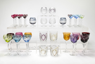Assortment of Colorful Cut-Glass Stemware, 39 Pcs.