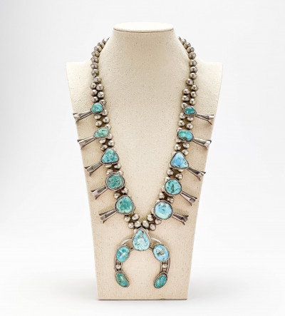Image for Lot Silver and Turquoise Squash Blossom Necklace