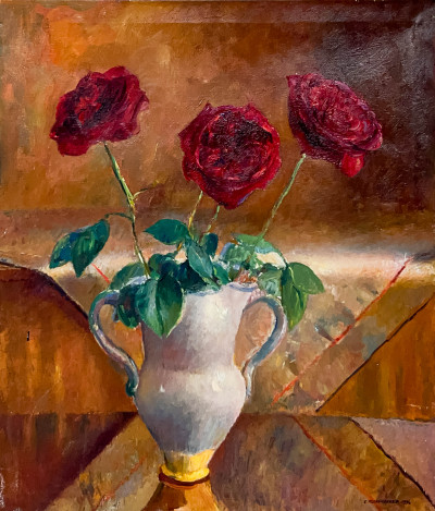 Clara Klinghoffer - Three Red Roses in a Vase / Street Scene in Taxco, Mexico (2 Works)
