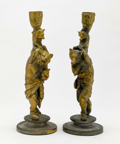 Image for Lot Gilt Bronze Candlesticks with Wolves