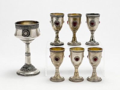 Zadok Silver Kiddush Cups and Goblet, Group of 7