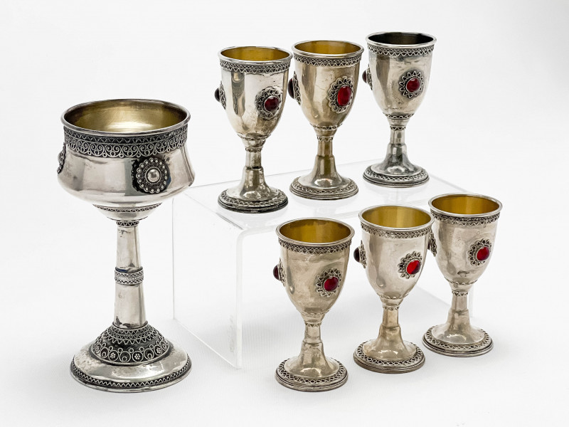 Zadok Silver Kiddush Cups and Goblet, Group of 7