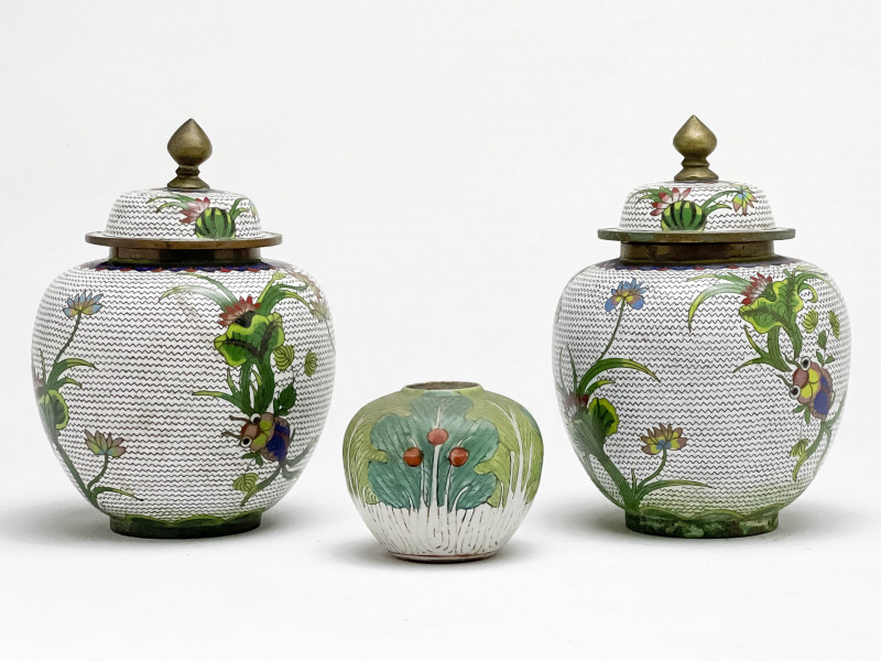 Pair of Chinese Cloisonné Covered Jars and a Small Porcelain Jar