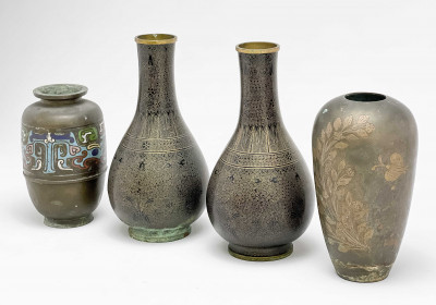 Pair of Chinese Cloisonné Vases and Two Other Asian Vases