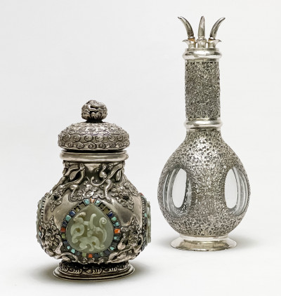 Image for Lot Chinese Silver and Jade Covered Vessel and a Silver Overlay Glass Decanter