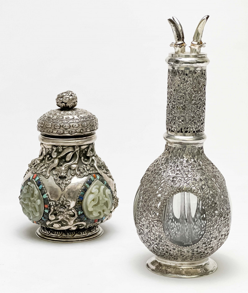 Chinese Silver and Jade Covered Vessel and a Silver Overlay Glass Decanter