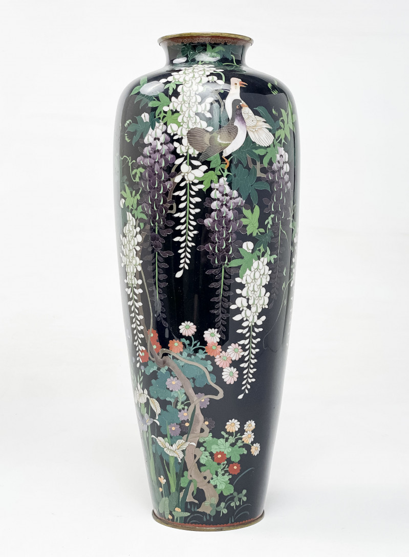 Japanese Cloisonne Vase with Garden Scene, Signed