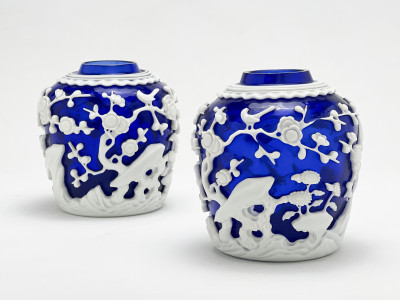 Pair of Chinese Peking Blue Over White Glass Vases