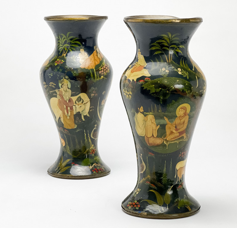 Pair of Indian Lacquered Brass Vases