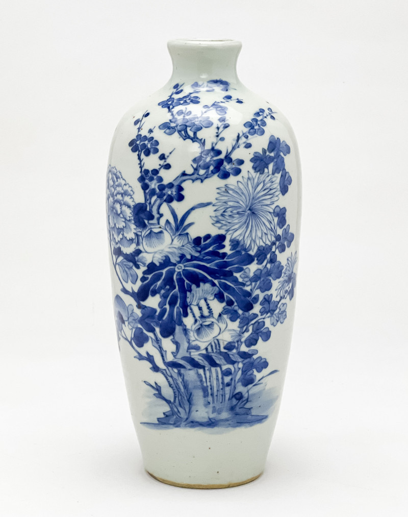 Chinese Porcelain Blue and White Vase with Flower Blossoms and Inscription