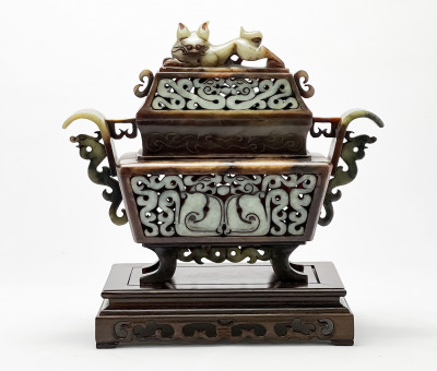 Chinese Carved Stone Censer and Cover with stand