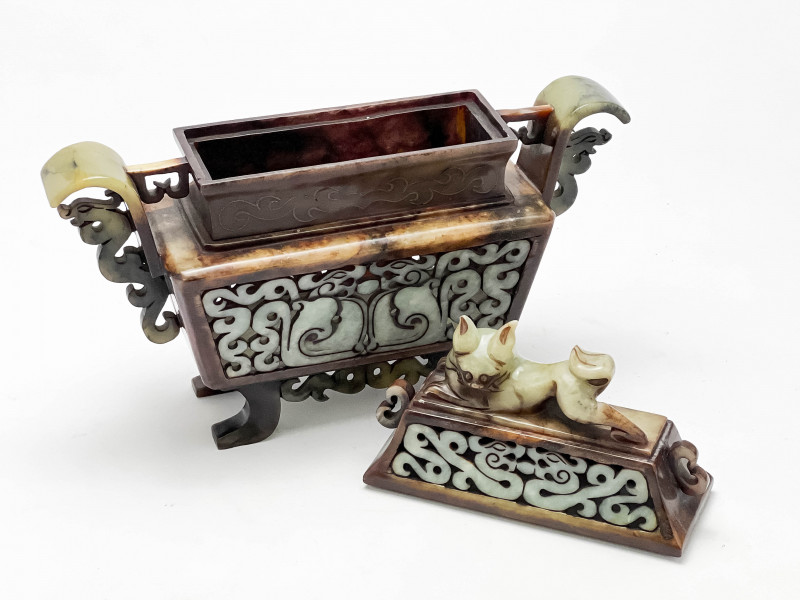Chinese Carved Stone Censer and Cover with stand