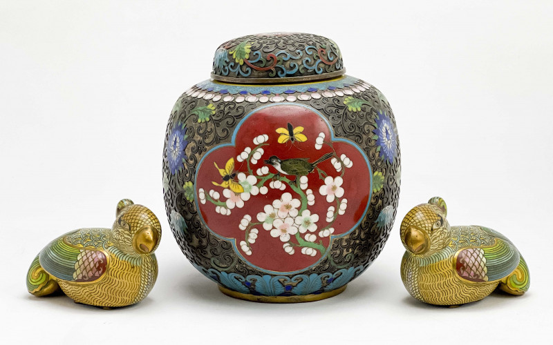 Two Chinese Cloisonné Birds and an Enamel Decorated Vase and Cover