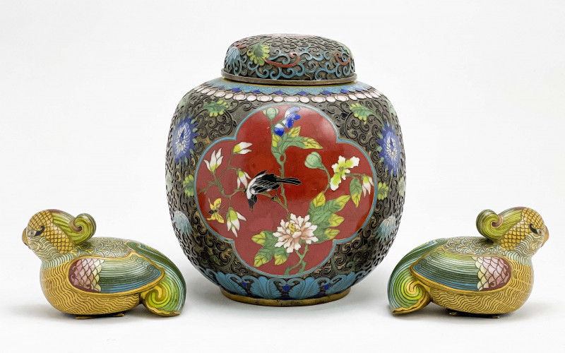 Two Chinese Cloisonné Birds and an Enamel Decorated Vase and Cover