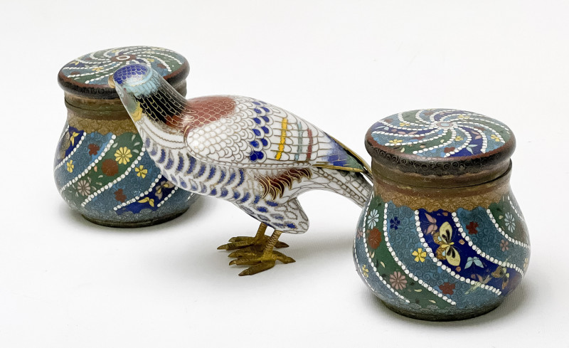 Chinese Cloisonné Figure of a Bird and Two Cloisonné Jars, Group of 3