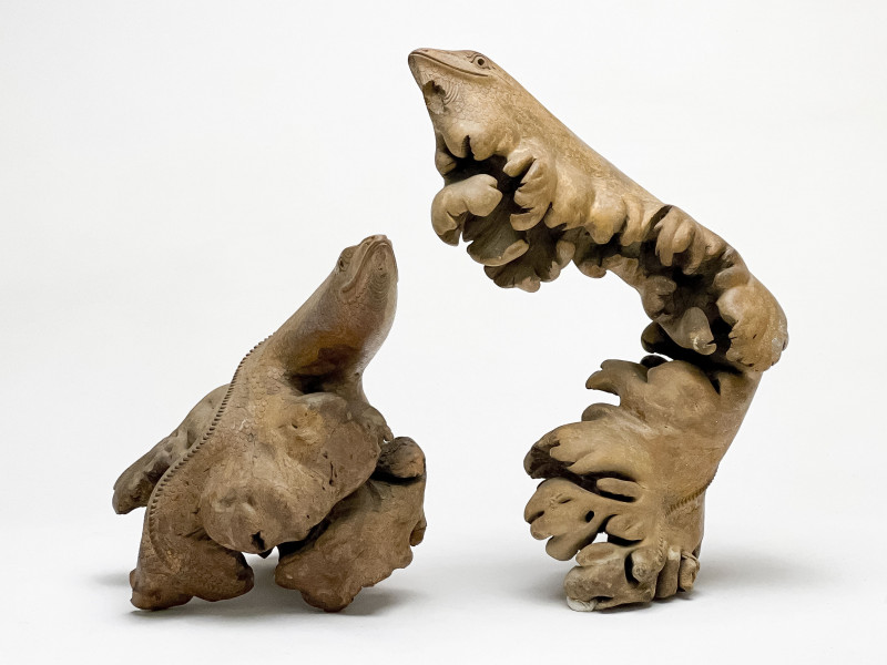 Rootwood or Burl Sculptures Carved with Lizard Form, Group of 2