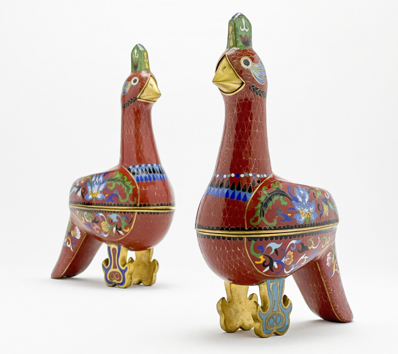 Pair of Chinese Cloisonne Bird-Form Boxes