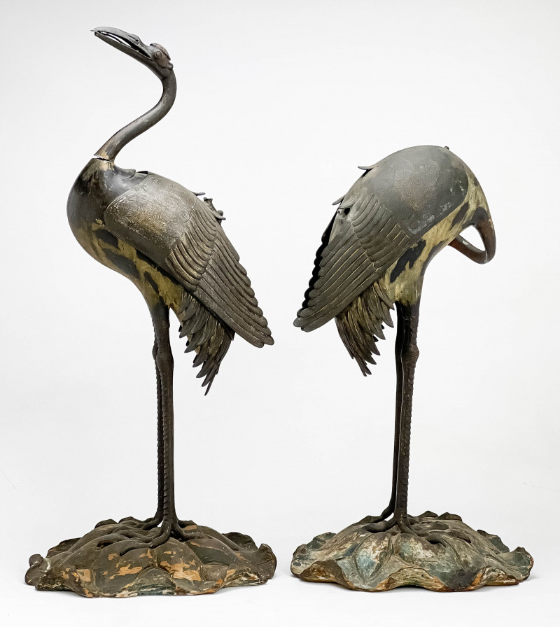 Pair of Japanese Silver and Gold Inlaid Bronze Cranes