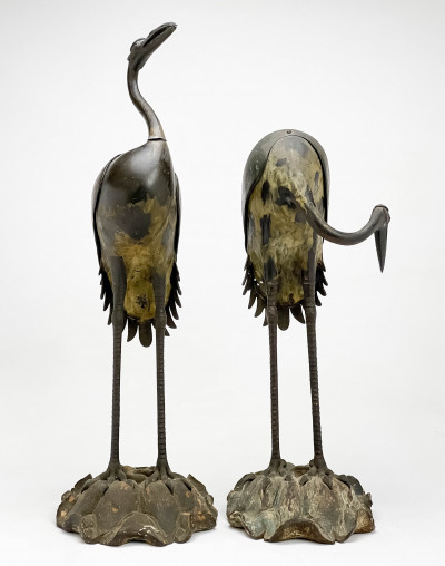 Pair of Japanese Silver and Gold Inlaid Bronze Cranes
