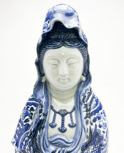 Japanese Blue and White Kutani Porcelain Figure of Kannon