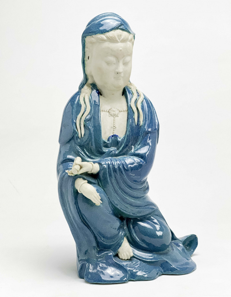 Chinese Robins Egg Glazed and Biscuit Porcelain Figure of Guanyin