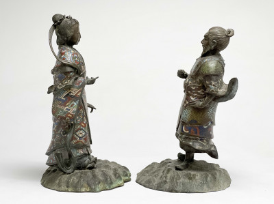 Two Japanese Bronze & Champleve Figures (Lamps)