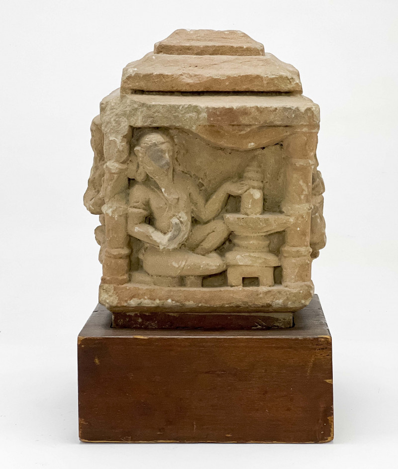 Indian Sandstone Block with Seated Figure By a Linga