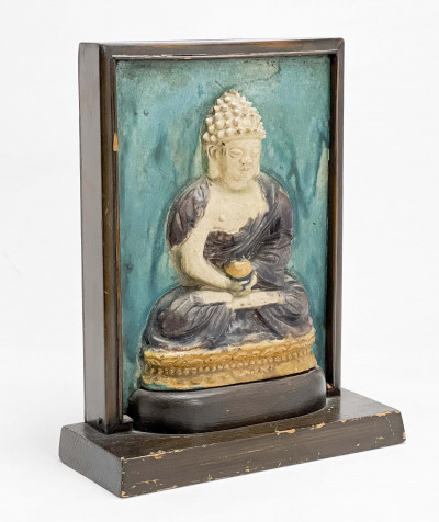 Image for Lot Chinese Turquoise and Aubergine Glazed Buddhist Ceramic Tile