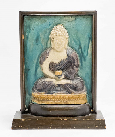 Chinese Turquoise and Aubergine Glazed Buddhist Ceramic Tile