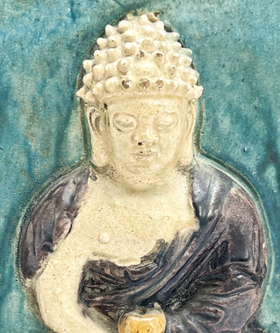 Chinese Turquoise and Aubergine Glazed Buddhist Ceramic Tile