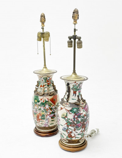 Two Similar Chinese Porcelain Famille Rose Baluster Vases, Mounted as Lamps