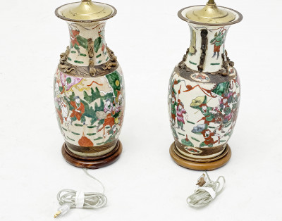 Two Similar Chinese Porcelain Famille Rose Baluster Vases, Mounted as Lamps