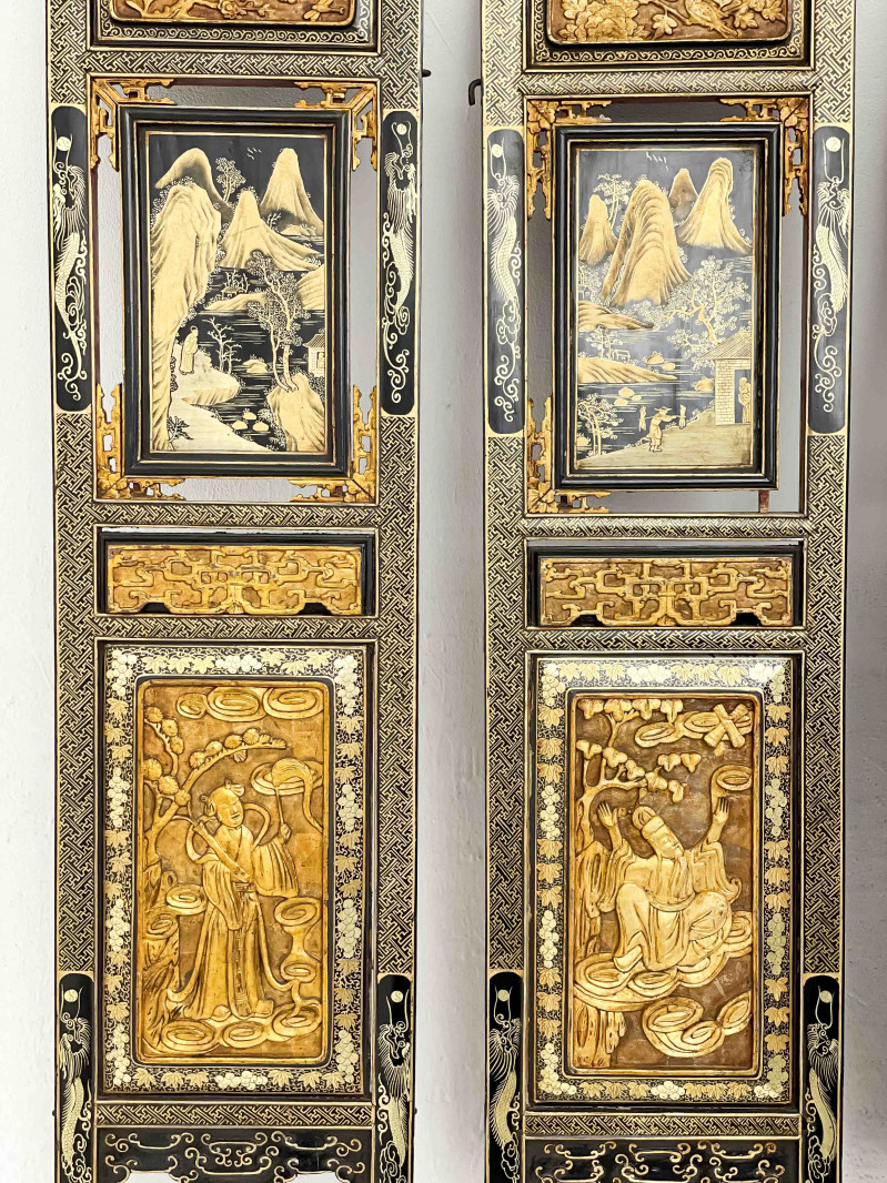 Chinese 4 Carved and Lacquered Screen Panels