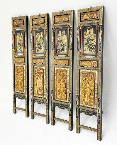 Chinese 4 Carved and Lacquered Screen Panels